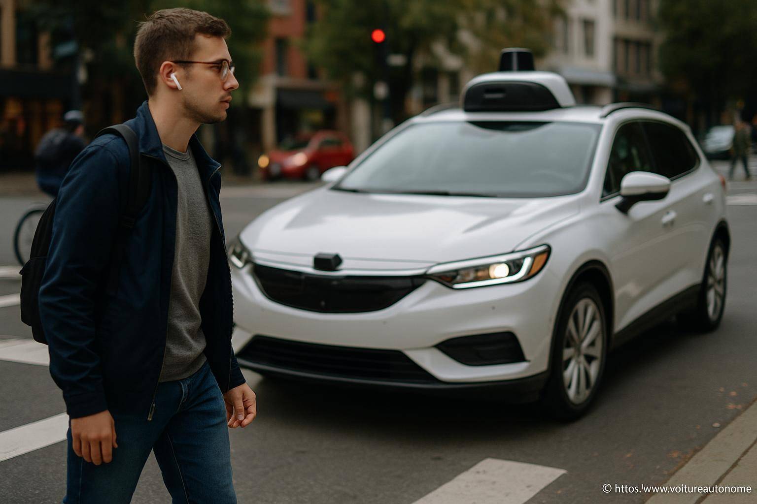 Homme traversant devant voiture autonome blanche