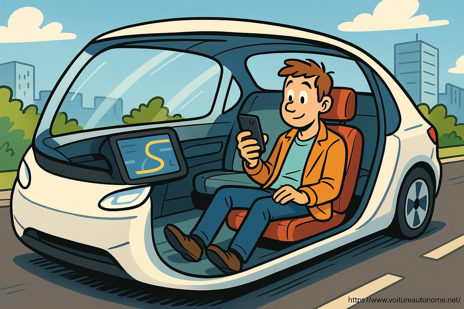 homme dans voiture autonome utilisant smartphone
