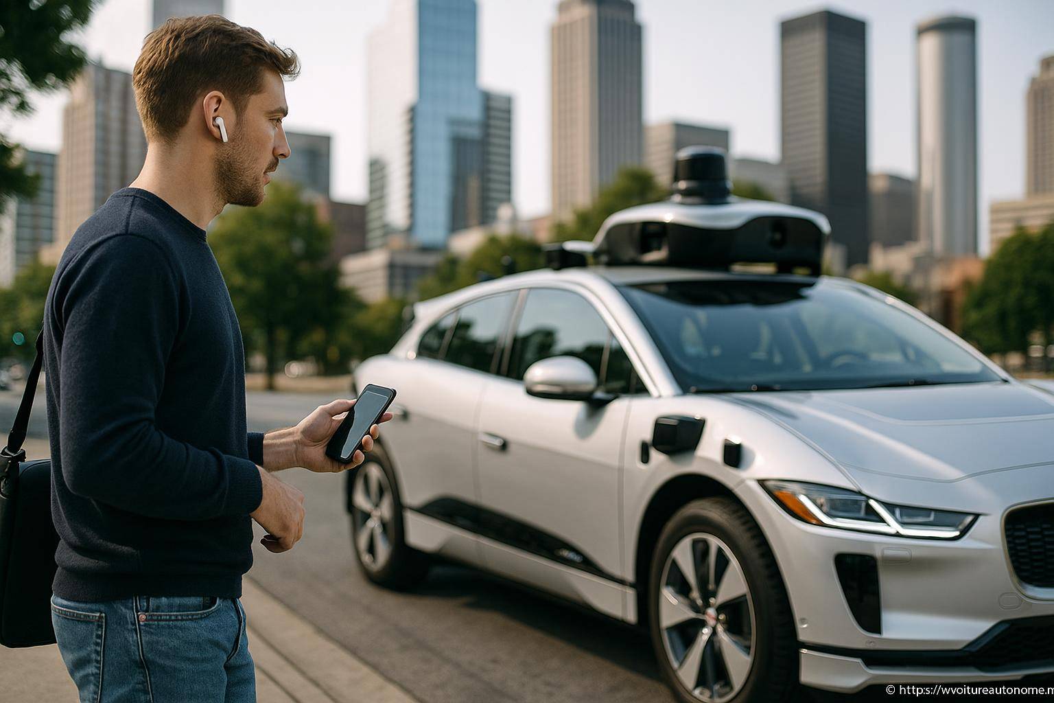 Homme utilisant smartphone devant voiture autonome