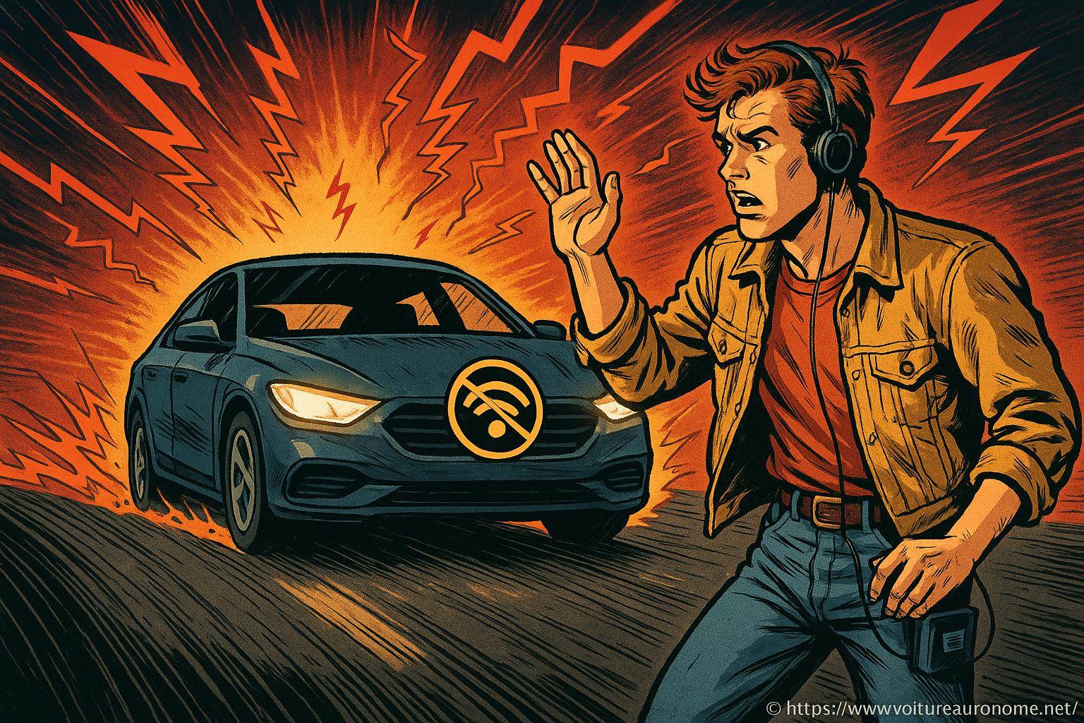 Homme surpris face à une voiture autonome sans connexion