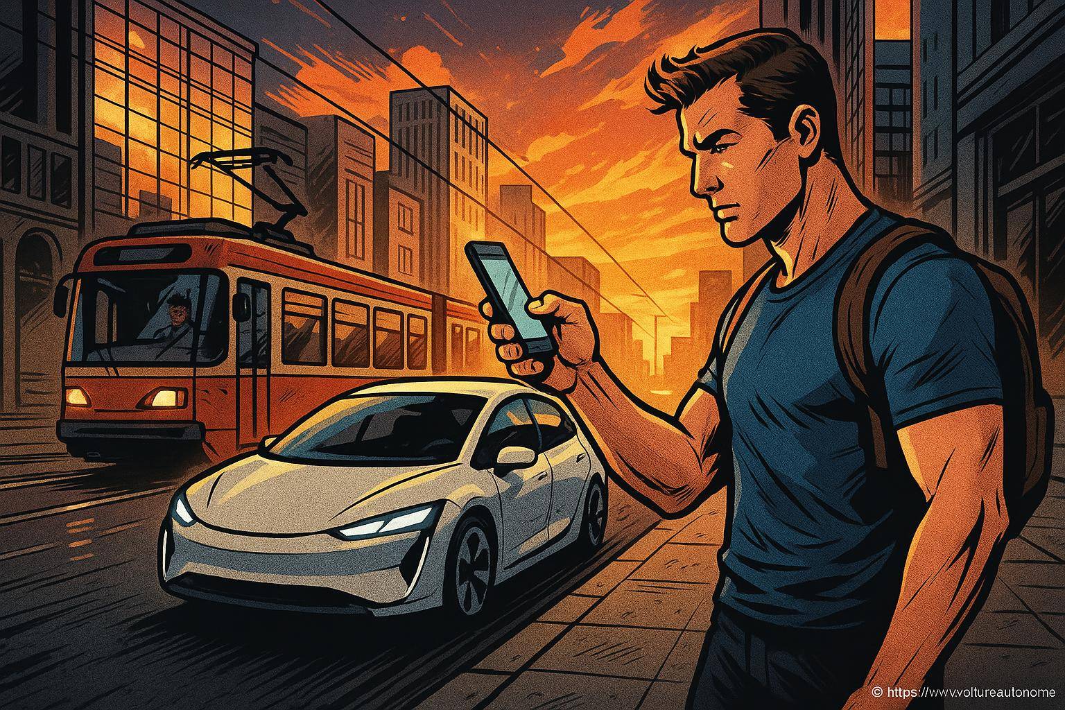 Homme utilisant smartphone près voiture électrique et tramway