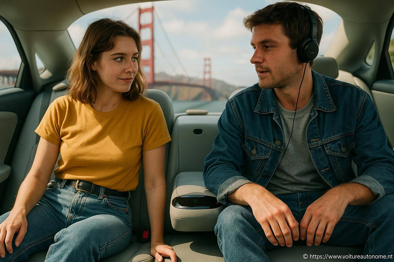 Jeune couple assis à l'arrière d'une voiture