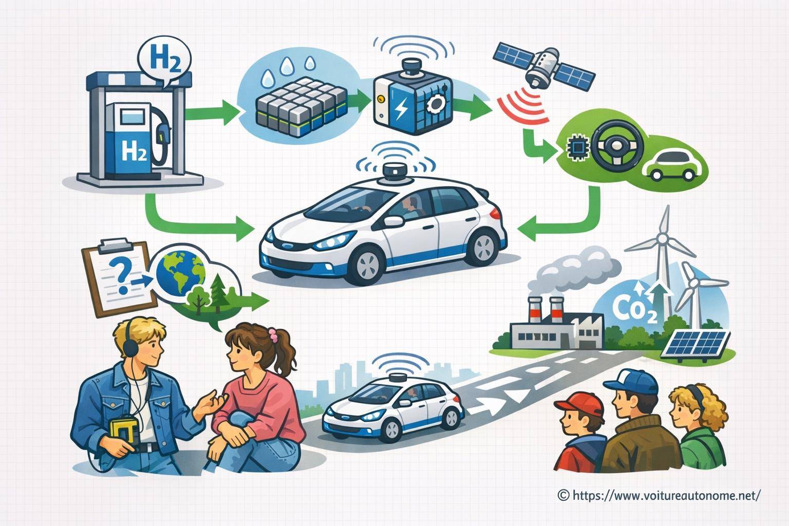 Schéma illustrant voiture autonome hydrogène